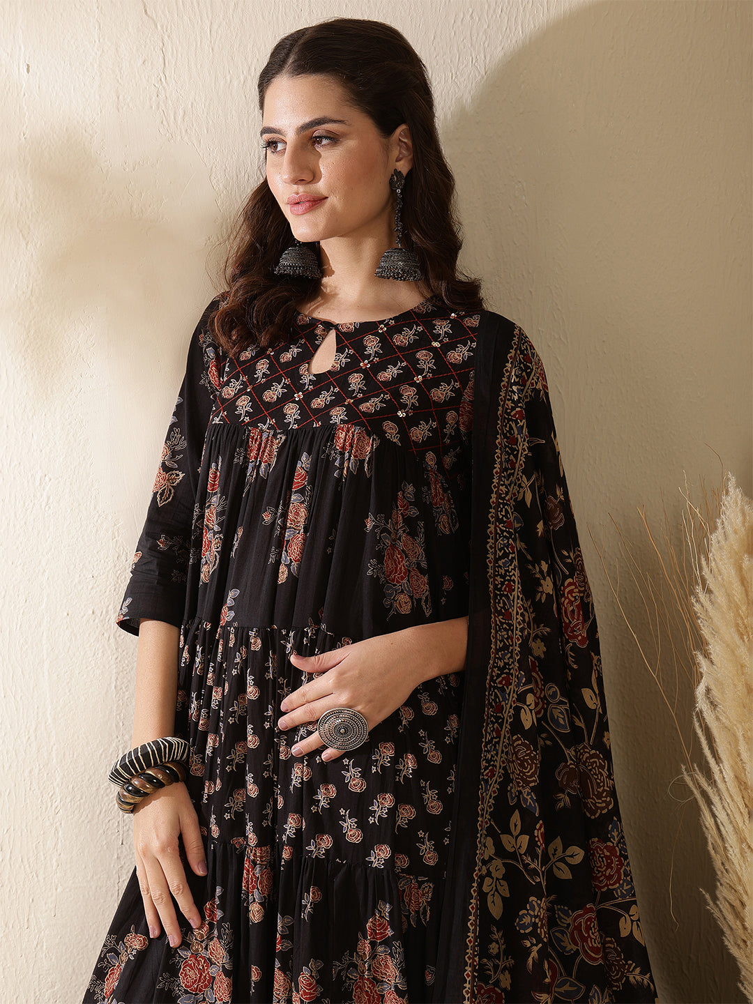 Cotton Calf Length Printed 3/4 Sleeve Key Hole Neck Tiered Kurta Bottom With Dupatta