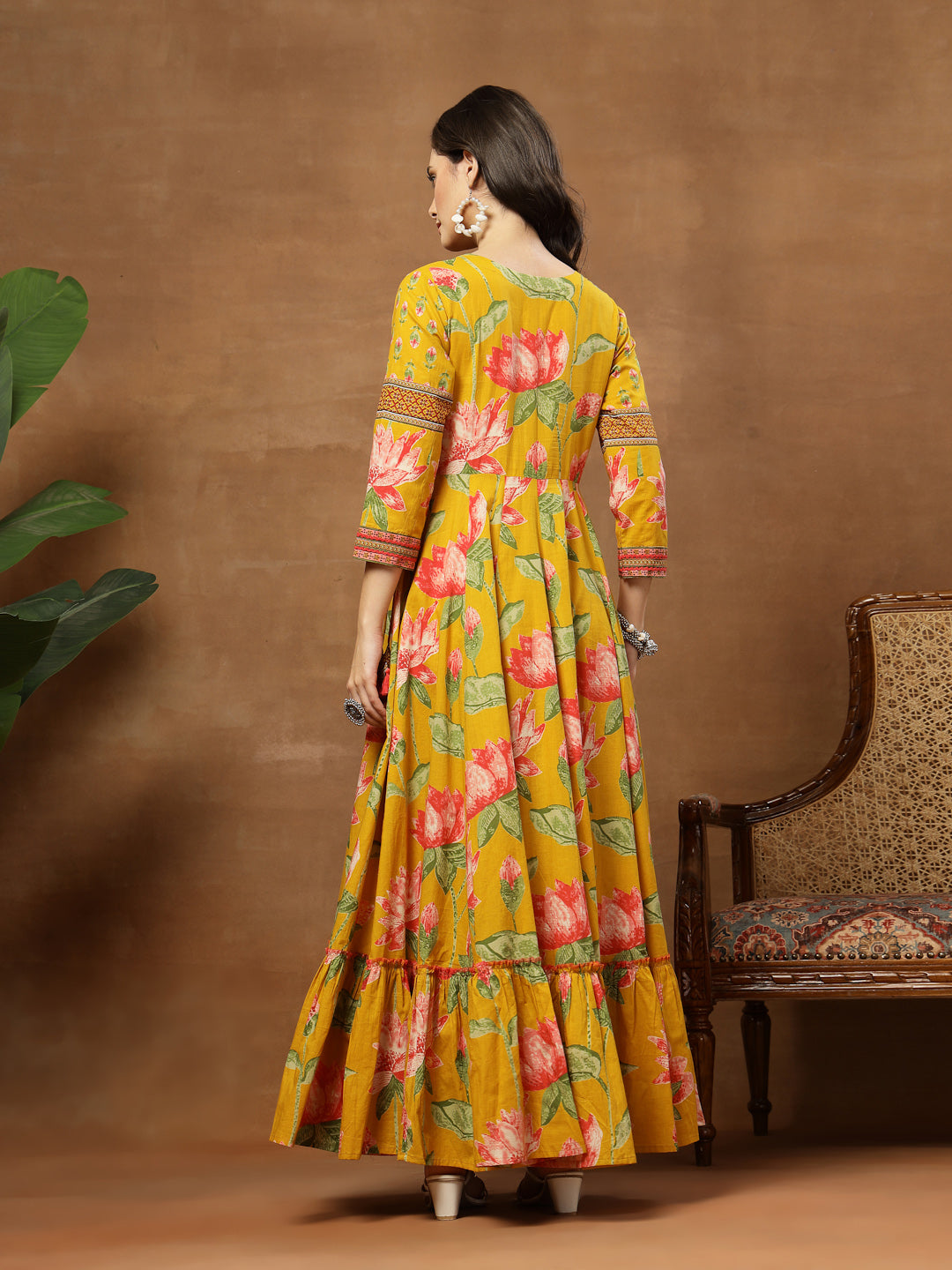 Flared Printed Cotton V-Neck Dress