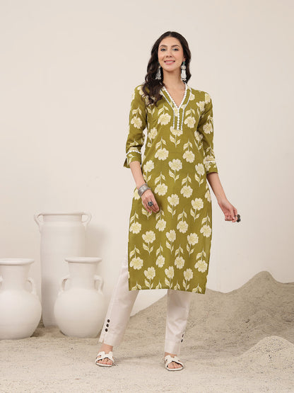 Cotton Calf Length Printed 3/4 Sleeves V-Neck Kurta