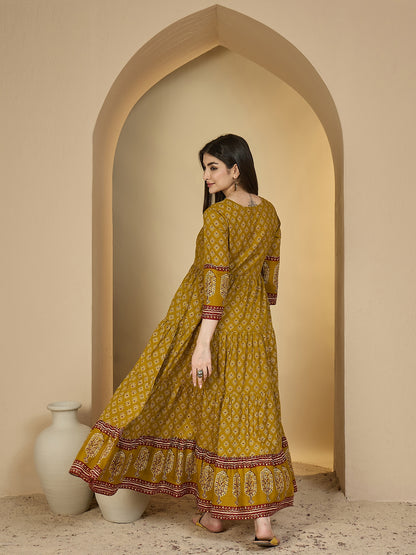 Cotton Ankle Length Printed 3/4 Sleeves V-Neck Anarkali Kurta