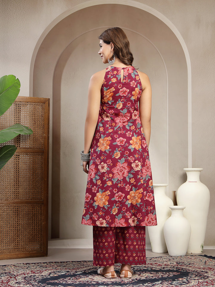 Flared Printed Cotton Round Neck Kurta Set