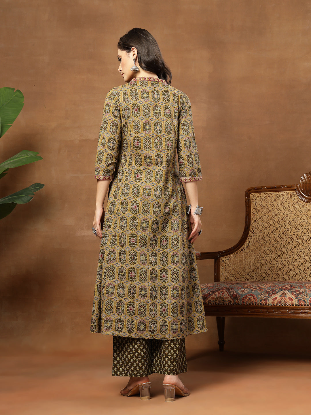 A-Line Printed Cotton V-Neck Kurta Set