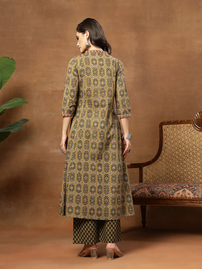 A-Line Printed Cotton V-Neck Kurta Set