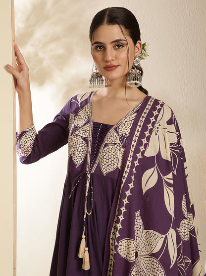 Cotton Calf Length Printed 3/4 Sleeve V-Neck Anarkali Kurta Bottom With Dupatta