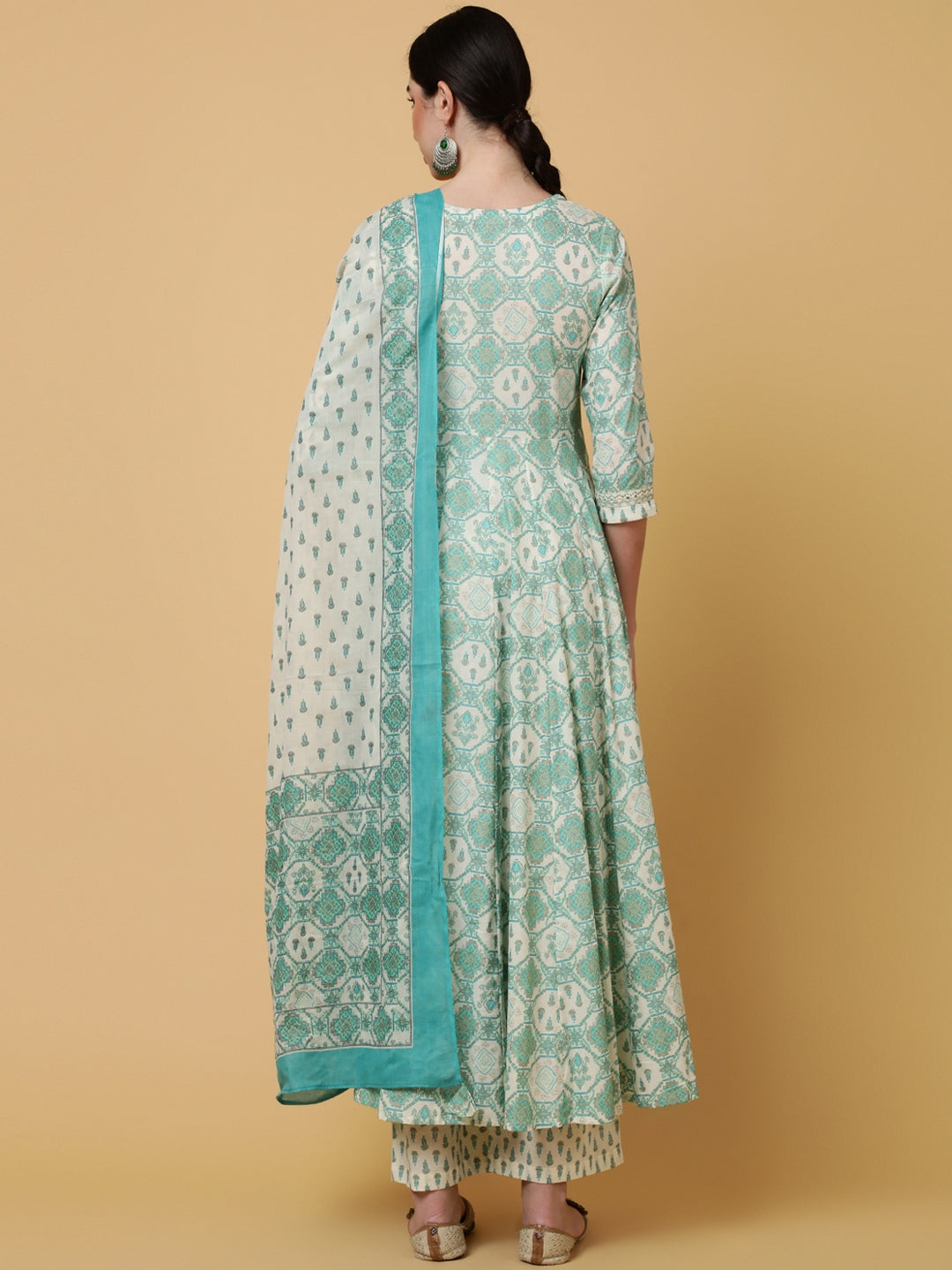 Cotton Calf Length Printed Flared 3/4 Sleeves V-Neck Kurta Bottom Dupatta Set