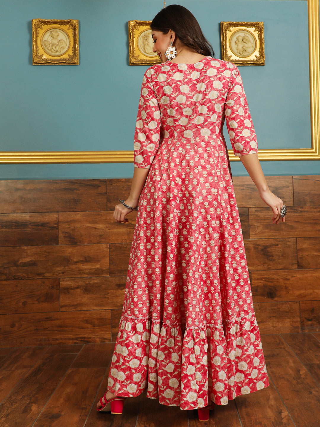 Cotton Ankle Length Printed Flared 3/4 Sleeves V-neck Kurta