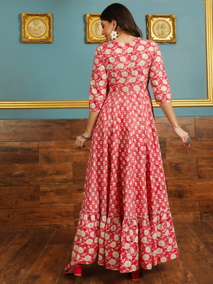 Cotton Ankle Length Printed Flared 3/4 Sleeves V-neck Kurta