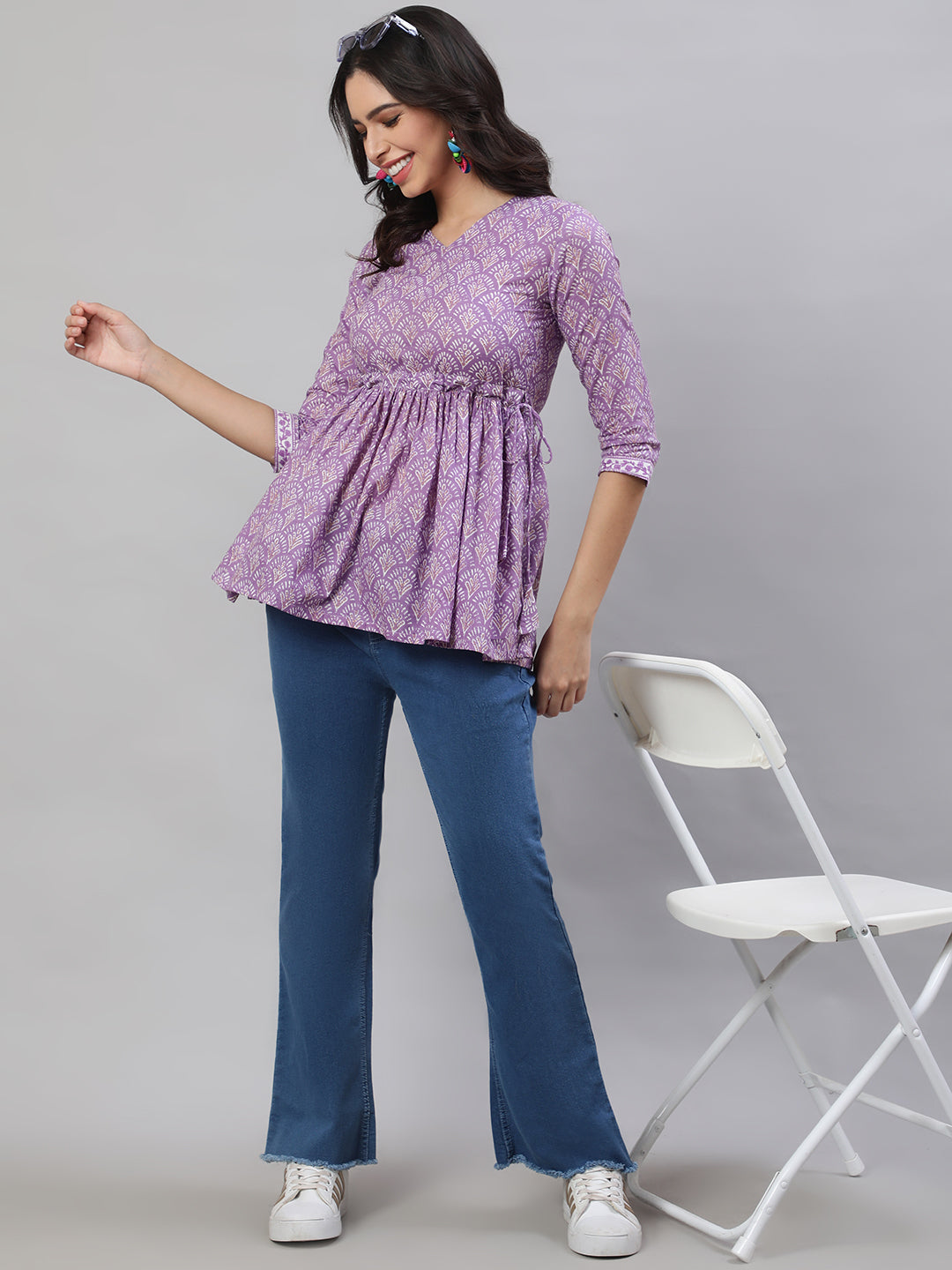 Printed 3/4 Sleeves Regular Pure Cotton  Top