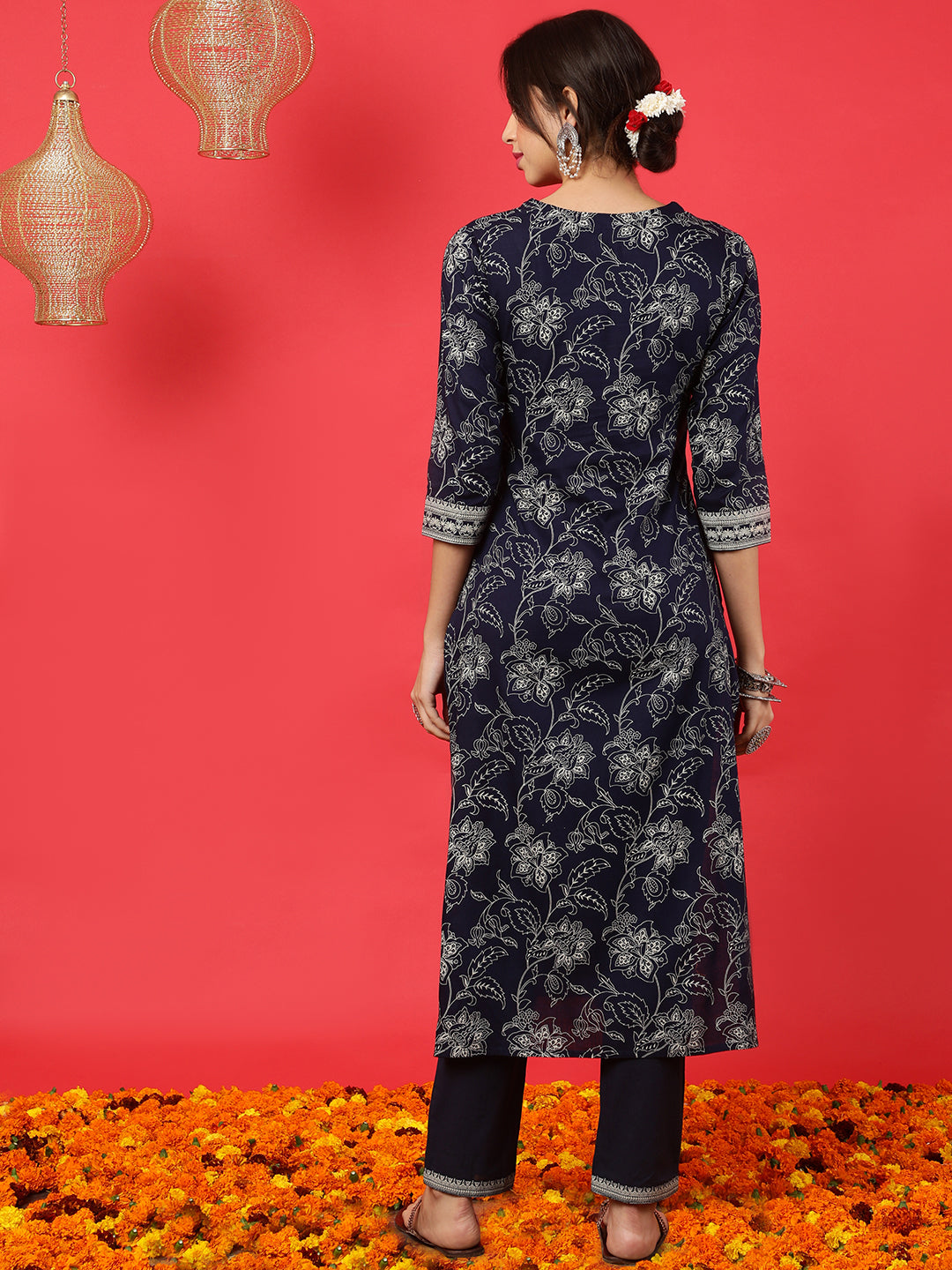 Rayon  Calf Length Printed Straight 3/4 Sleeves V-Neck Kurta Bottom Set