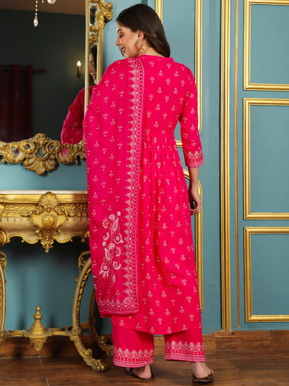 Rayon Calf Length Printed Flared 3/4 Sleeves Mandarin Neck Kurta Bottom Dupatta Set