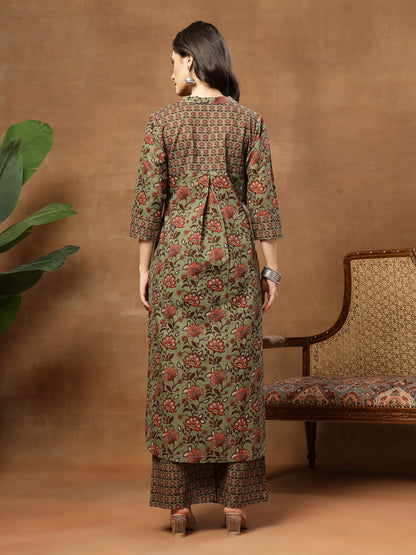 Straight Printed Cotton Shirt Collar Kurta Set