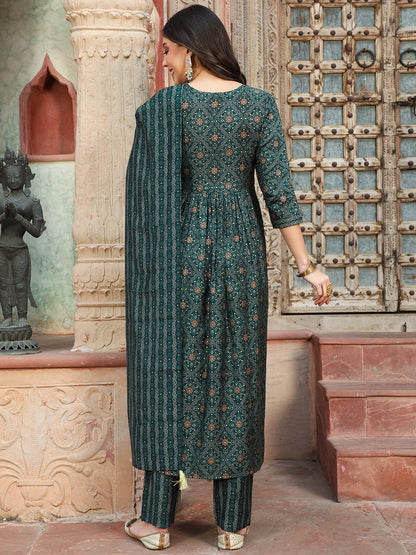 Rayon  Calf Length Printed Semi-Flared 3/4 Sleeves Round Kurta Bottom Dupatta Set