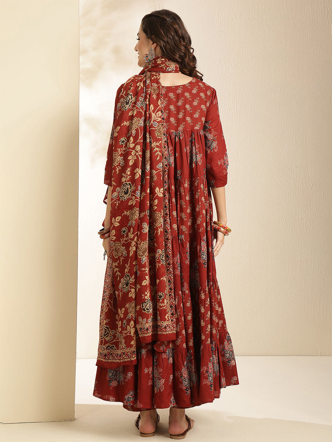 Cotton Calf Length Printed 3/4 Sleeve Key Hole Neck Tiered Kurta Bottom With Dupatta
