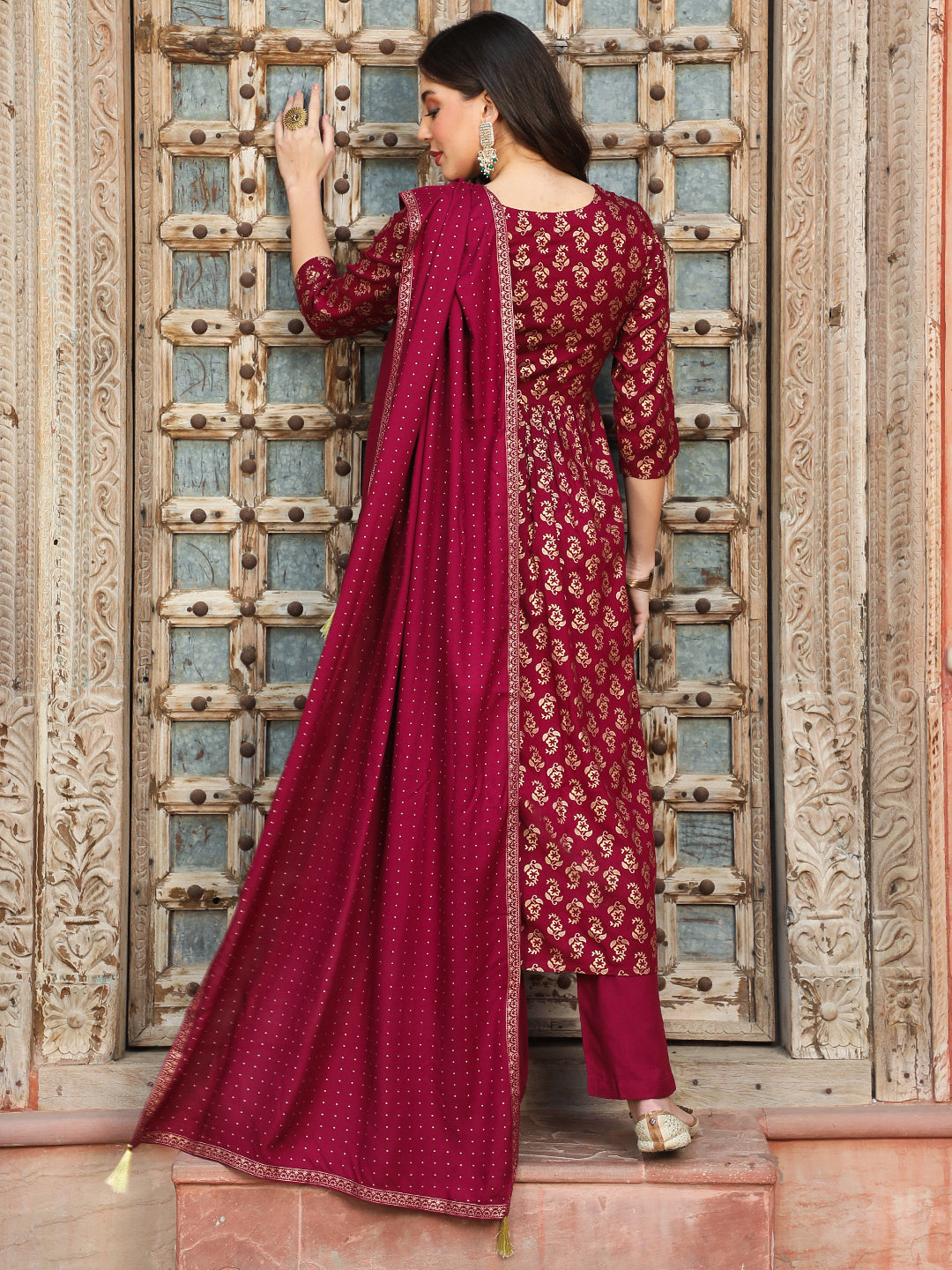 Rayon Calf Length Printed Flared 3/4 Sleeves Round Neck Kurta Bottom Dupatta Set (Preorder)