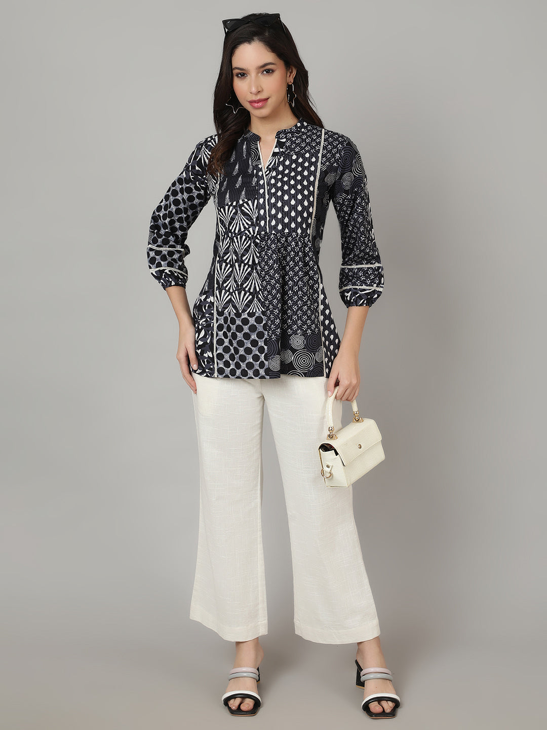 Dark Blue Printed V Neck  Top