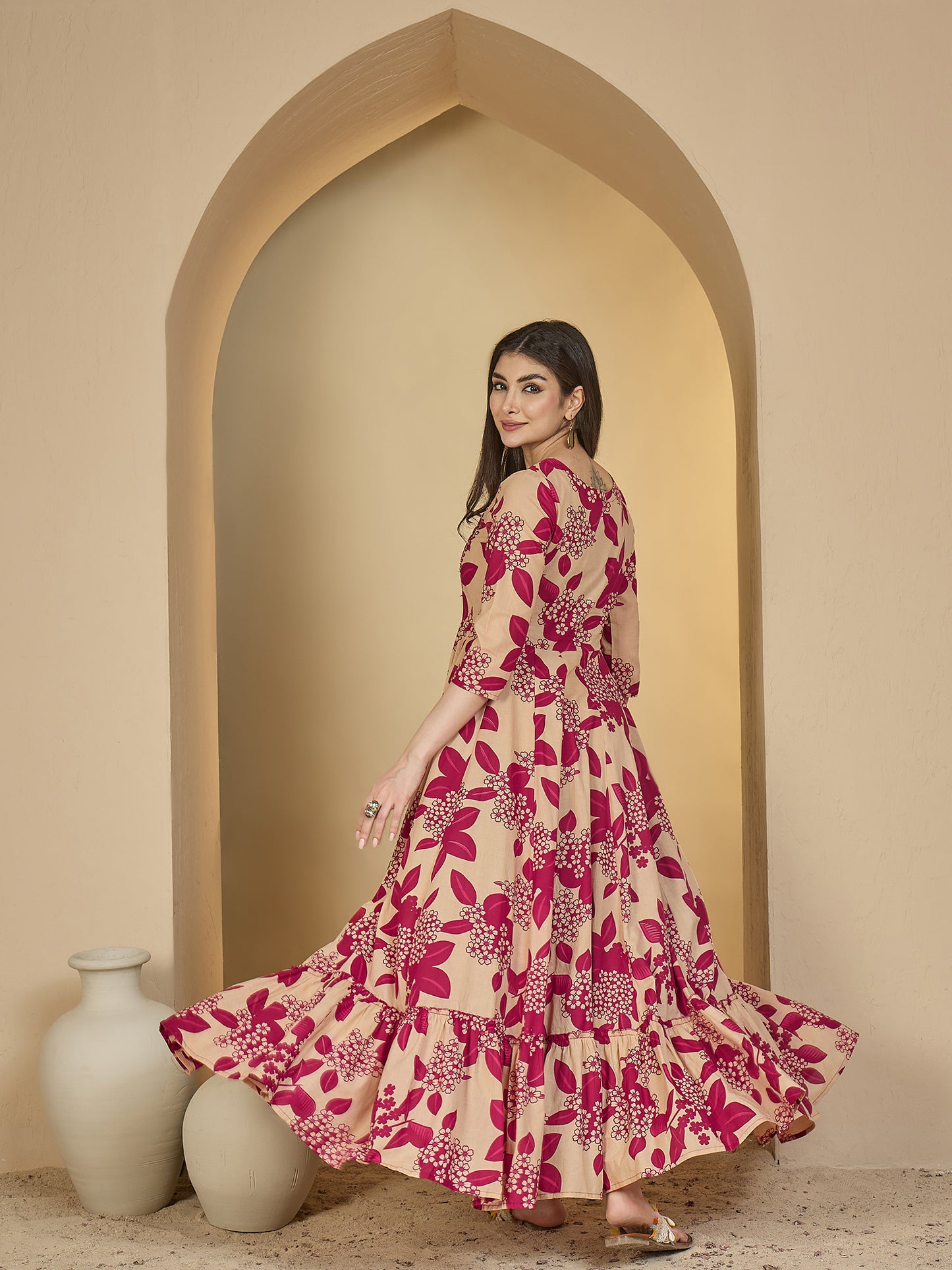 Cotton Ankle Length Printed 3/4 Sleeves Sweetheart Neck Anarkali Kurta