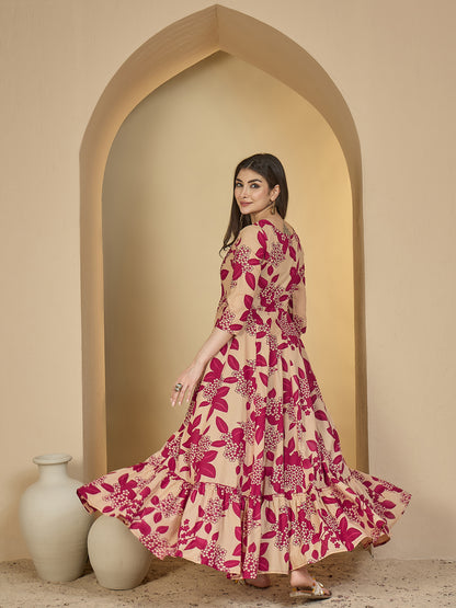 Cotton Ankle Length Printed 3/4 Sleeves Sweetheart Neck Anarkali Kurta