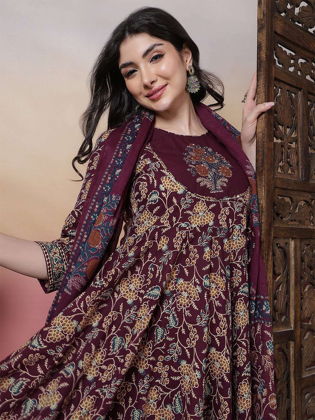 Cotton Calf Length Printed 3/4 Sleeves Round Neck Anarkali Kurta Bottom With Dupatta