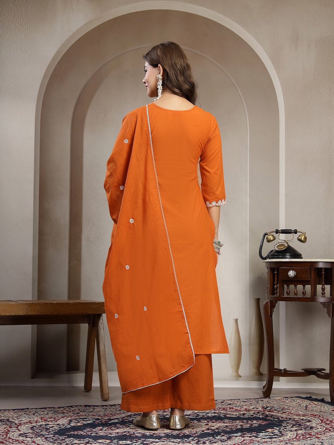 Straight Solid Cotton V-Neck Kurta Set With Dupatta