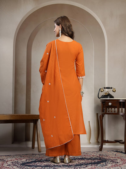 Straight Solid Cotton V-Neck Kurta Set With Dupatta