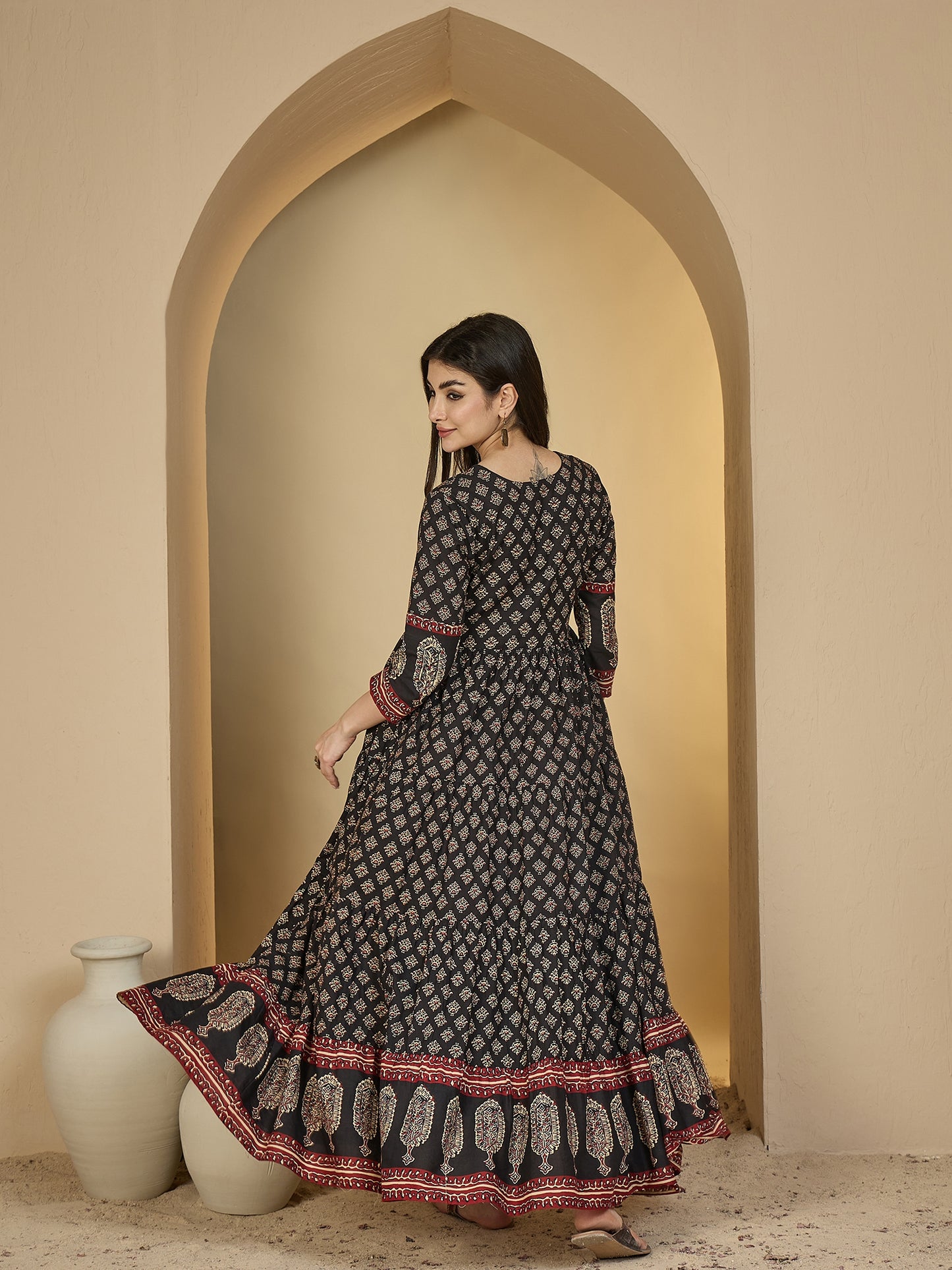 Cotton Ankle Length Printed 3/4 Sleeves V-Neck Anarkali Kurta