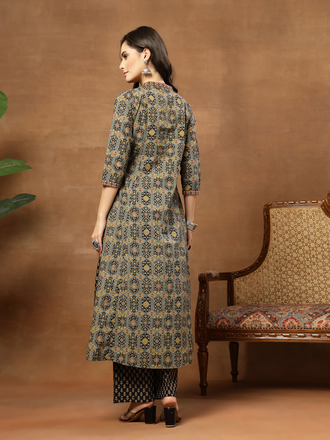 A-Line Printed Cotton V-Neck Kurta Set