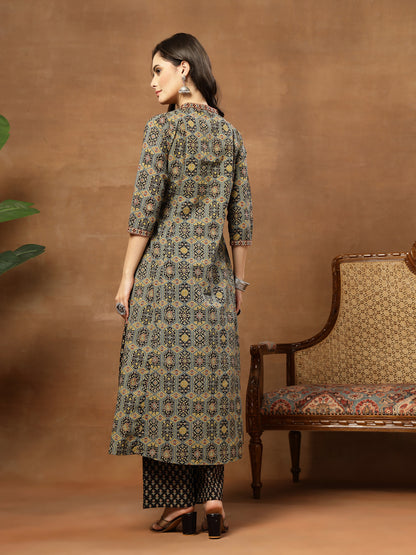 A-Line Printed Cotton V-Neck Kurta Set