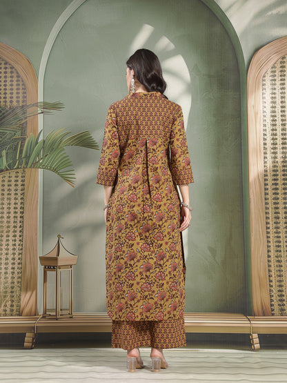 Straight Printed Cotton Shirt Collar Kurta Set