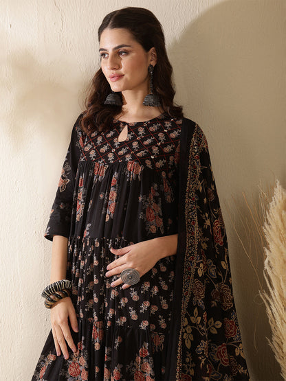 Cotton Calf Length Printed 3/4 Sleeve Key Hole Neck Tired Kurta Bottom With Dupatta (Preorder)
