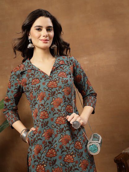 Straight Printed Cotton Shirt Collar Kurta Set