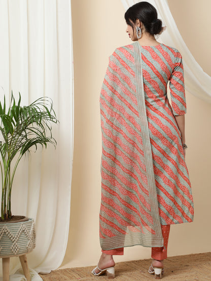 Cotton  Calf Length Printed Straight 3/4 Sleeves Round Kurta Bottom Dupatta Set