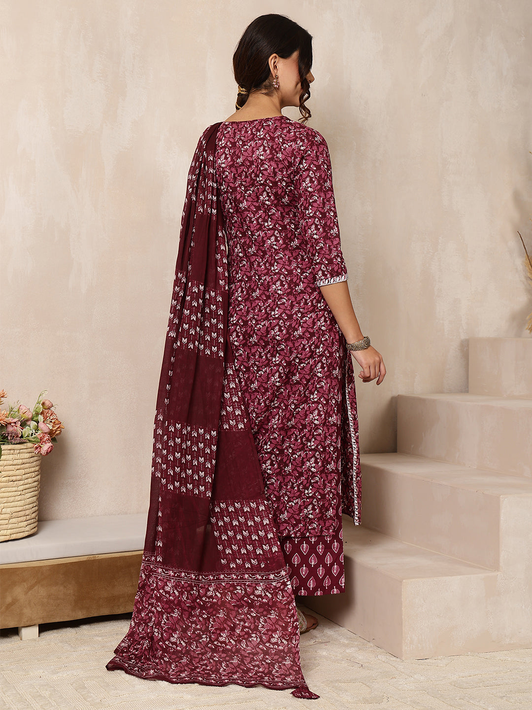 Cotton Calf Length Printed Straight 3/4 Sleeves V-Neck Kurta Bottom Dupatta Set