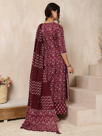Cotton Calf Length Printed Straight 3/4 Sleeves V-Neck Kurta Bottom Dupatta Set