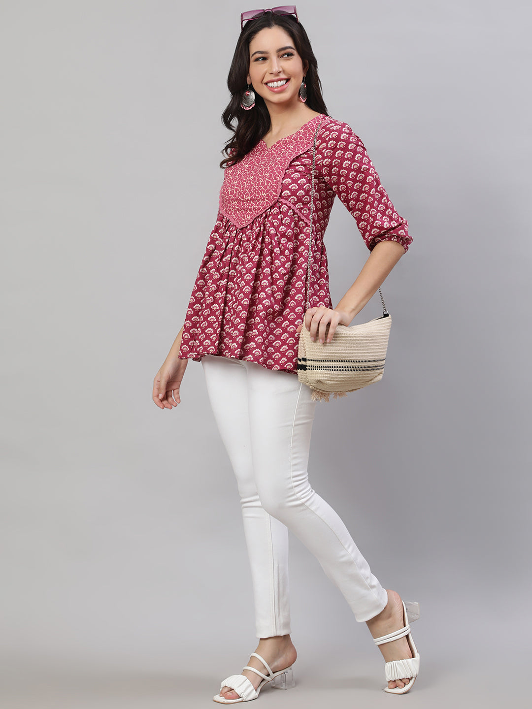 Printed 3/4 Sleeves Regular Pure Cotton  Top