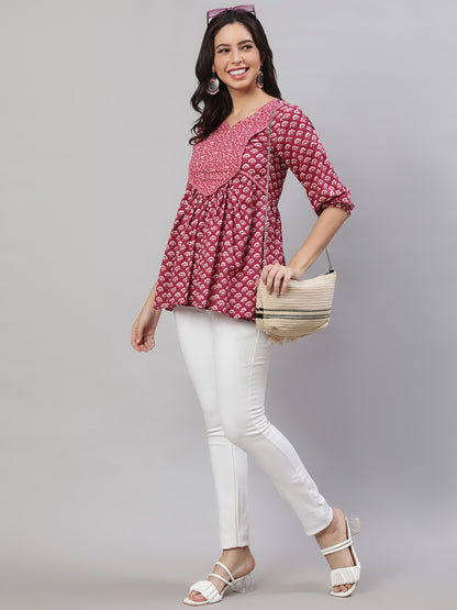 Printed 3/4 Sleeves Regular Pure Cotton  Top