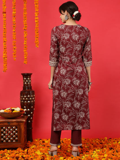 Rayon  Calf Length Printed Straight 3/4 Sleeves V-Neck Kurta Bottom Set