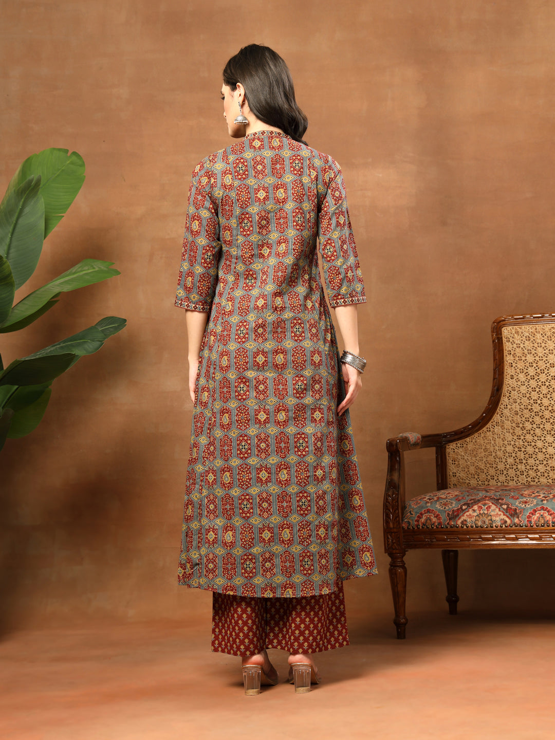 A-Line Printed Cotton V-Neck Kurta Set