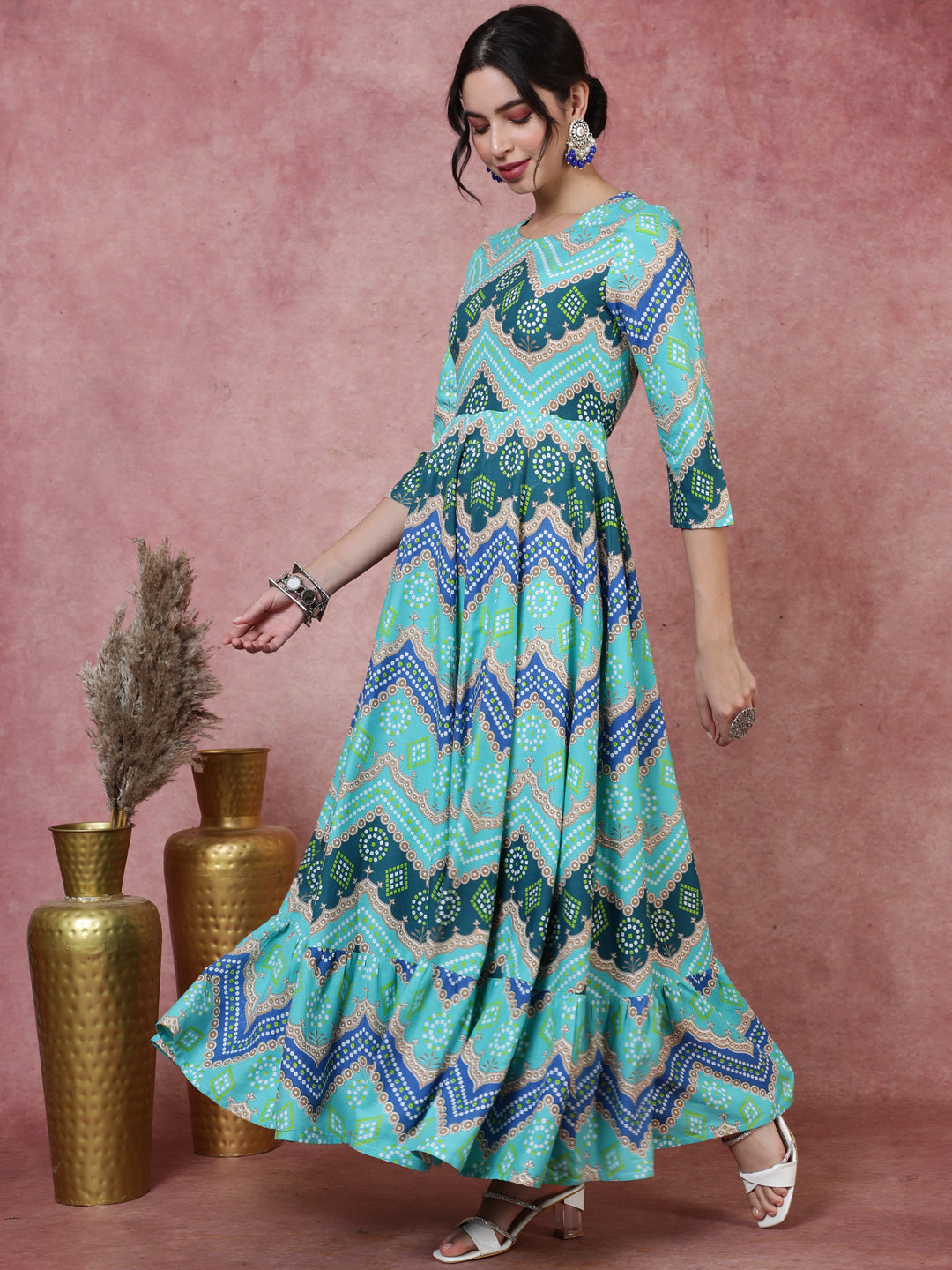 Rayon  Ankle Length Printed Flared 3/4 Sleeves Round Kurta