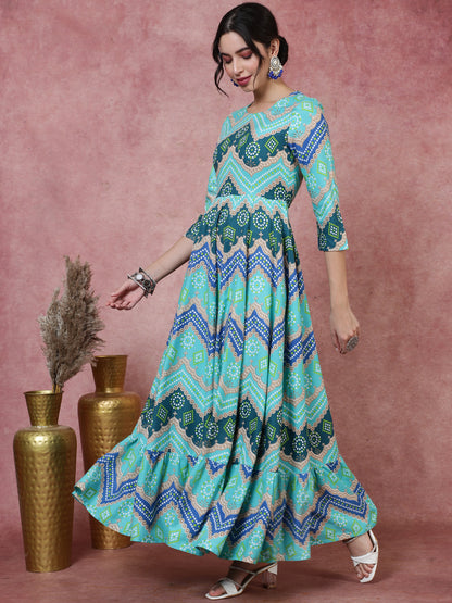Rayon  Ankle Length Printed Flared 3/4 Sleeves Round Kurta