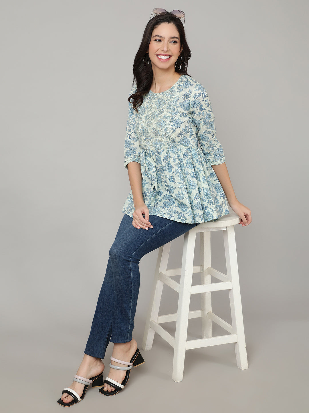 Floral  Fit Embroidered Flared   Top