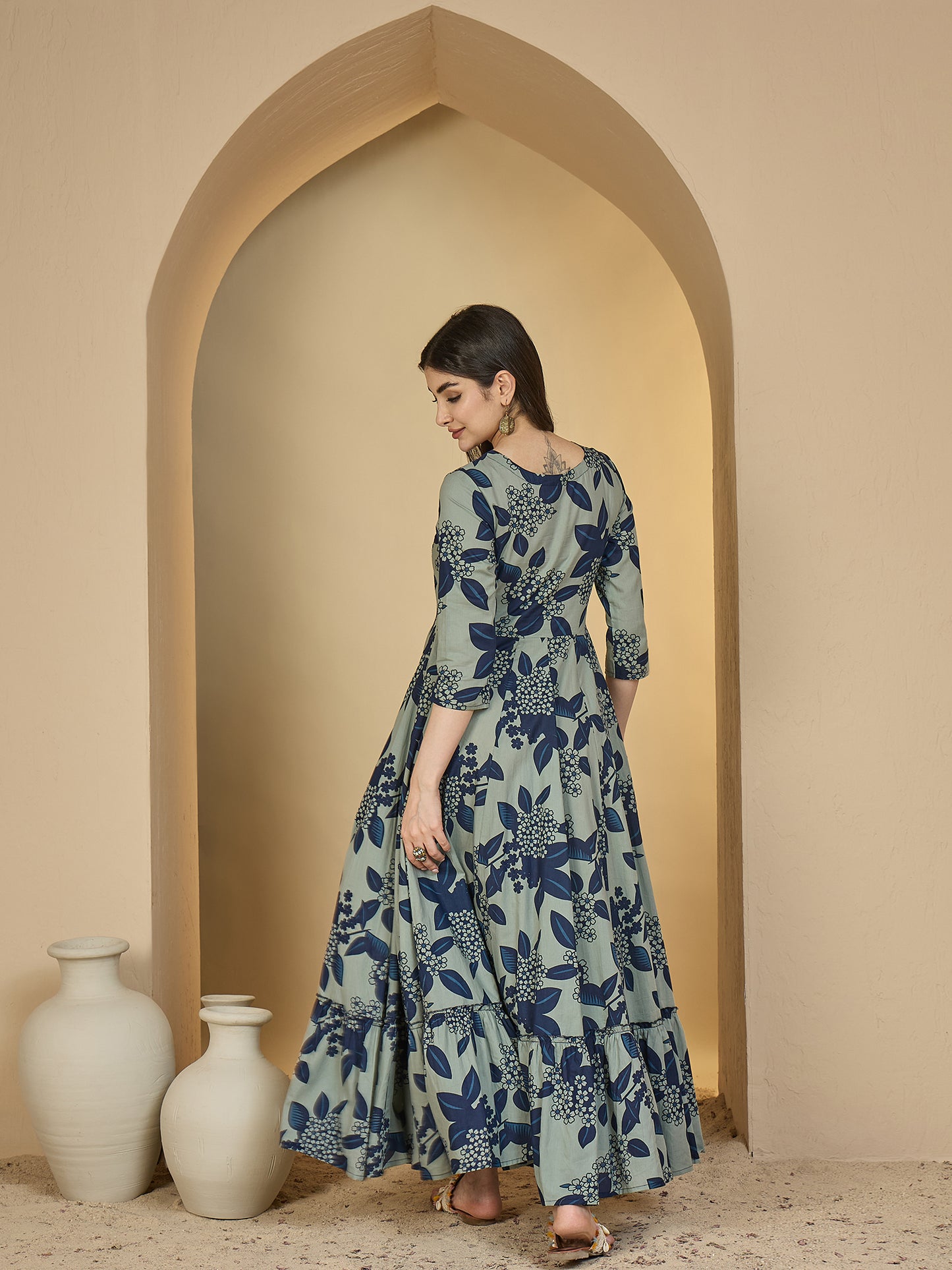 Cotton Ankle Length Printed 3/4 Sleeves Sweetheart Neck Anarkali Kurta