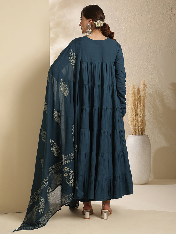 Cotton Calf Length Printed Full Sleeve Key Hole Neck Tiered Kurta Bottom With Dupatta