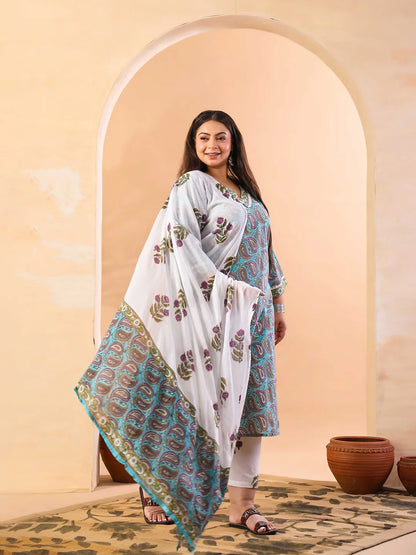 Sky Blue Paisley Cotton Straight Plus Size Kurta White Trouser White Dupatta Set