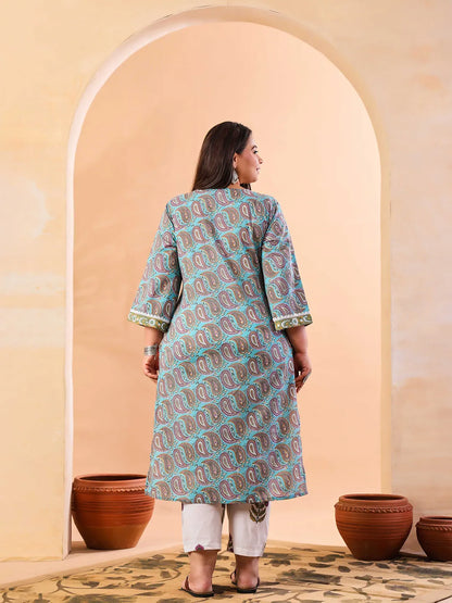 Sky Blue Paisley Cotton Straight Plus Size Kurta White Trouser White Dupatta Set