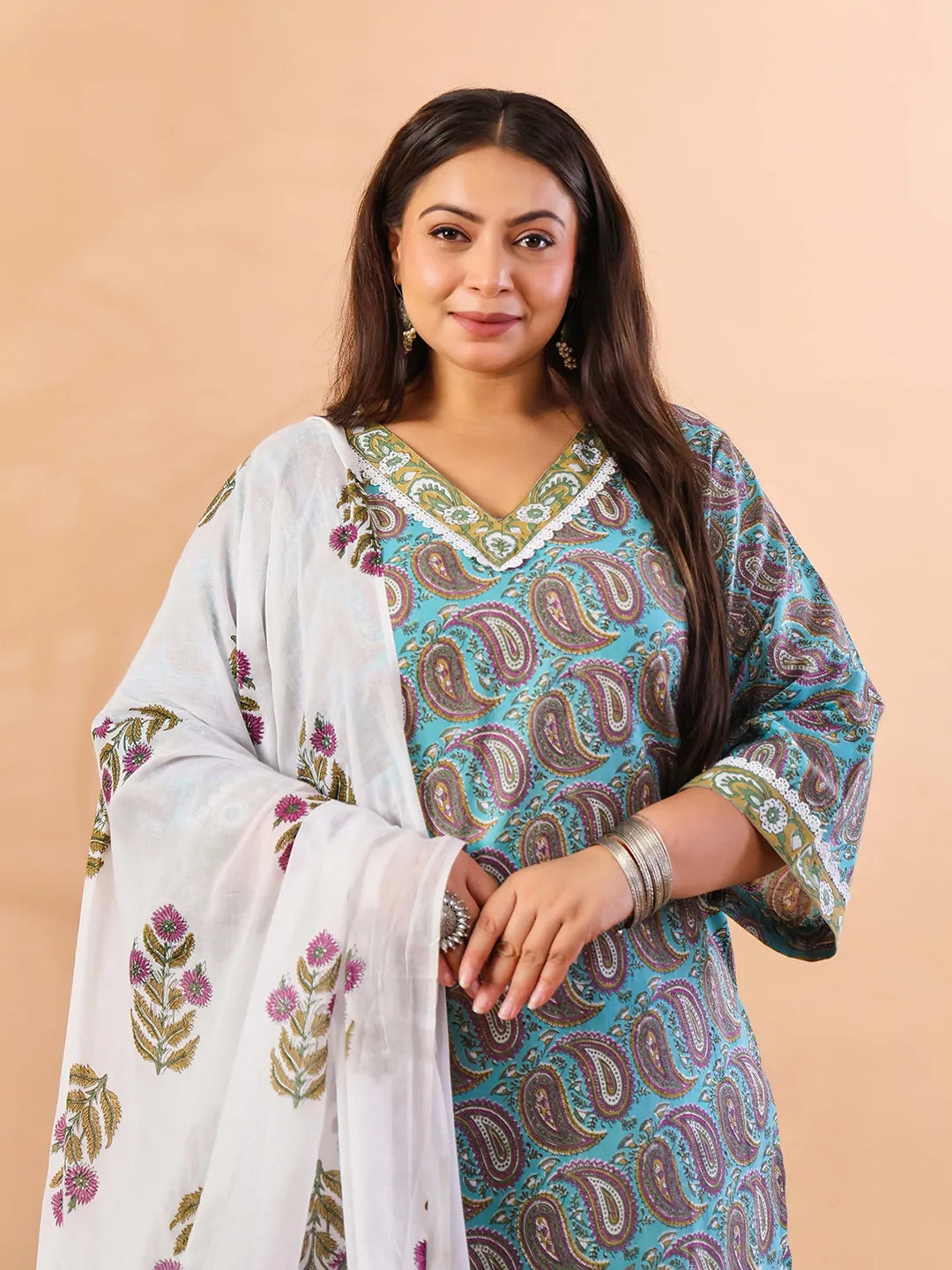 Sky Blue Paisley Cotton Straight Plus Size Kurta White Trouser White Dupatta Set