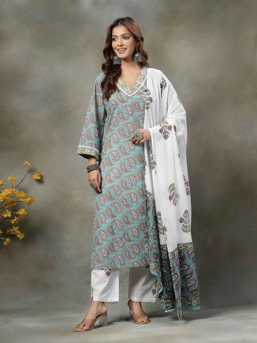 Women's Sky Blue Cotton Sky Blue Paisley Cotton Straight Kurta White Trouser White Dupatta Set by Yufta, suitable for wholesale buyers, boutiques, retailers, resellers and bulk fashion orders from Trendphoria