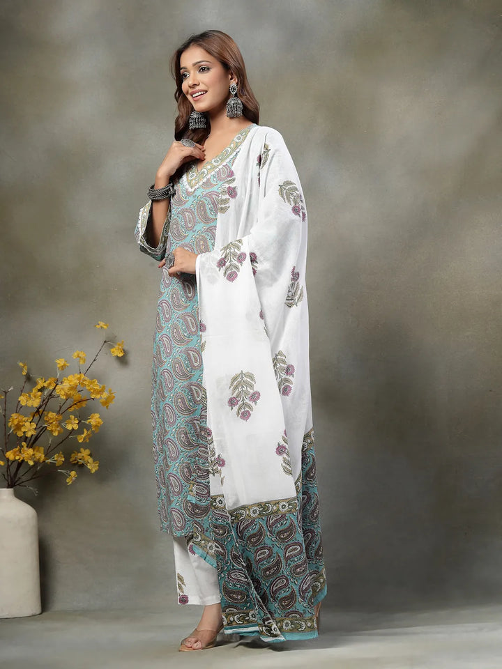 Sky Blue Paisley Cotton Straight Kurta White Trouser White Dupatta Set