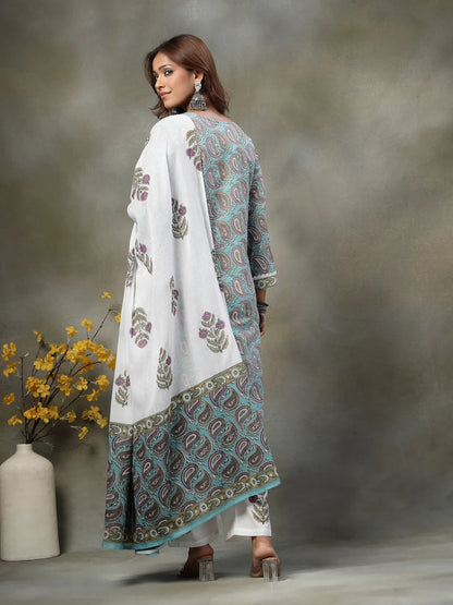 Sky Blue Paisley Cotton Straight Kurta White Trouser White Dupatta Set