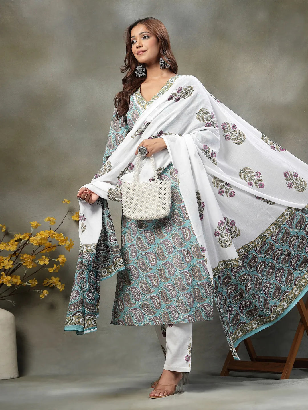 Sky Blue Paisley Cotton Straight Kurta White Trouser White Dupatta Set