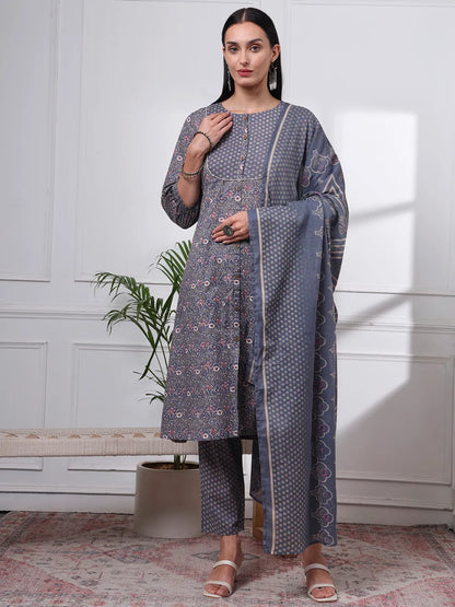 Grey Ethnic Motifs A-Line Kurta Trouser Dupatta Set